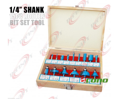  1/4" Shank 15pc Router Bit Wood Working Power Tools Shop Carbide Tipped Set