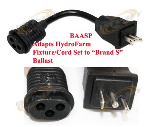 BAASP 8" Plug Adapter Cord Hydrofarm Fixture Cord to Brand S Ballast Receptacle